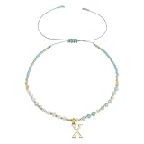 Frigotine Pulseras con iniciales de piedra natural con cuentas doradas para mujer, bohemias, hechas a mano, personalizadas, con cuentas de piedras preciosas turquesas, nombre de letra, pulsera