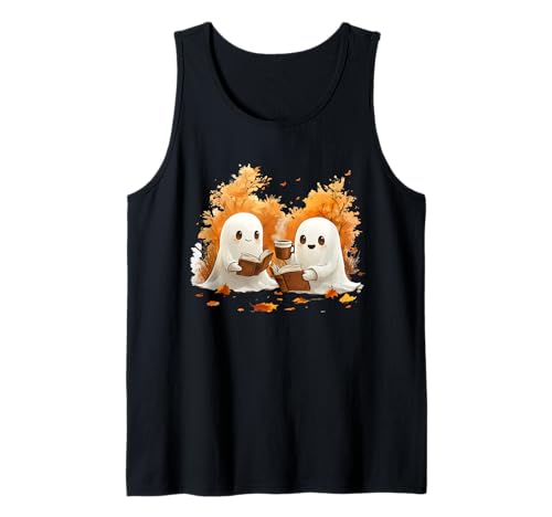 Cute Ghost Drinking Coffee Halloween Fall Autumn Costume Camiseta sin Mangas