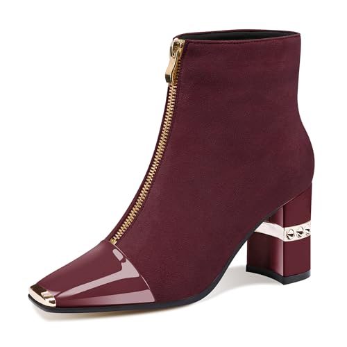 Image of XINIUNIU Women's Ankle Boots Block Chunky Heels Booties Metal Square Toe Suede Front Zipper 3 Inch Short Boot Dress
