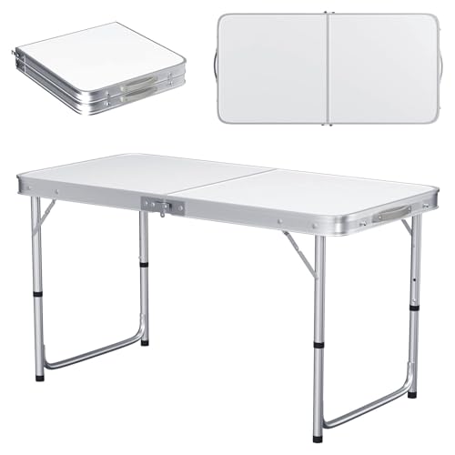 4FT Large Folding Table, Adjustable Heights Heavy Duty Folding Camping Table, Portable Lightweight Aluminum Trestle Table, Picnic Table with Carrying Handle, 120x60cmx3 Height 70/62/55cm, White