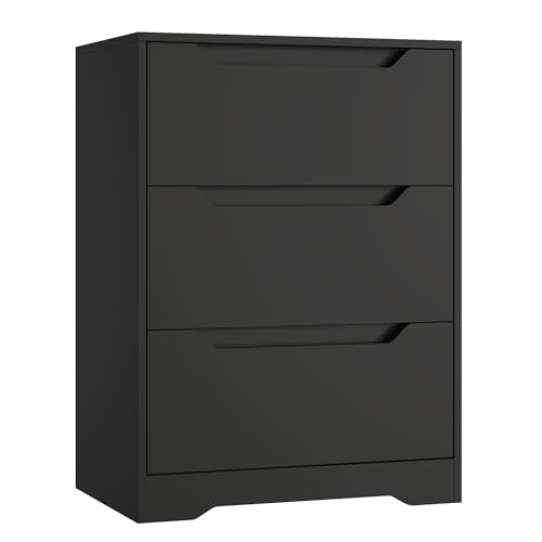 HOSTACK Modern 3 Drawers Dresser Wood Chest of Drawers with Storage Black