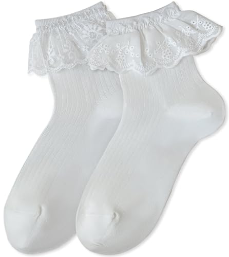 Image of Women's Lace Trim Crew Socks 2-Pack, White Vintage Ankle Socks for Shoe Size 5-9