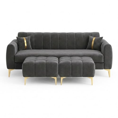 Image of Hermione 5 Seater L Shape Sofa Set with 2 Movable Ottoman | Flexible Left or Right Layout | Luxe Velvet Suede Fabric | Comfortable Seating | Modern Sofa for Living Room - Dark Gray