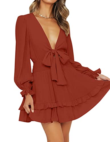 Zesica Women's Sexy Deep V Neck Knot Front Long Sleeve Smocked Wiast Ruffle Tiered Swing Mini Skater Dress,Rust,Small #TOP14