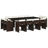 Kaorsrow 13 Piece Patio Dining Set with Cushions, Brown Poly Rattan Outdoor Furniture Set with Large Tempered Glass Table and 12 Folding Chairs for Backyard, Garden, and Deck