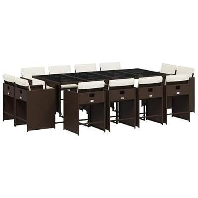 Kaorsrow 13 Piece Patio Dining Set with Cushions, Brown Poly Rattan Outdoor Furniture Set with Large Tempered Glass Table and 12 Folding Chairs for Backyard, Garden, and Deck