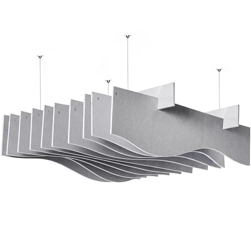 VIVO Acoustic Ceiling Waffle Wave Panel, 47 x 14 inch Ceiling Cloud Sound Absorber, Noise Reduction, Office Ceiling Decor, Polyester Fiberboard, Wood Joist and Concrete Mount, Light Gray, PP-CW05G