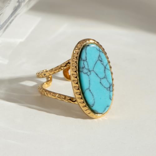Boho Western Turquoise Ring, Oval Turquoise Gemstone December Birthstone Open Adjustable Statement Ring, Gold Plated Stainless Steel Stackable Rings for Women Size 83