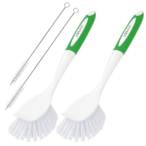 Image of Amazer 4 Pack Dish Brush with Handle, 2 Kitchen Scrub Brushes for Cleaning, 2 Straw Cleaner Brushes for Water Bottle, Dish Scrubber with Stiff Bristles for Sink