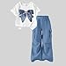 Styxlyn Girls 2 Piece Outfits Trendy Short Sleeve Bow Print Tops Wide Leg Cargo Pants Sets Casual Summer Clothes Blue girls clothes 11-12 Years