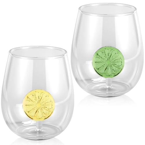 Remerry 2 Pcs Fruit Wine Glasses 12 oz Lemon Stemless Wine Glasses with 3D Lemon Slice Figurines Inside Fruit Icon Glass Cups Juice Drinkware Novelty Gifts for Summer Holiday Birthday Party Supplies
