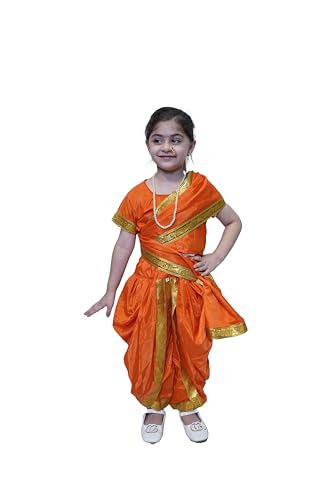 Image of Kaku Fancy Dresses Silk,Polyester Marathi Girl Lavni Folk Dance Costume With Jewellery For Kids - Orange, 10-12 Years