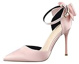 Stoff: Satin. MMJULY Damen Spitze Zehen Knöchelriemen Schleife Stiletto High Heel Satin Hochzeitskleid Pumps, Pink (rose), 36.5 EU