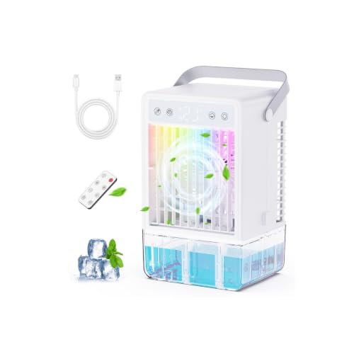 Aire Acondicionado Portatil Silencioso, Mini Enfriador de Aire 5 en 1 con Depósito de 1500ML, USB y Mando a Distancia, 5 Velocidades y 3 Modos de Uso, Temporizador 10H, Luces LED, Enfriamiento Rápido