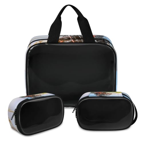 Borsa per il trucco con treno a vapore nero per donne e uomini borsa per cosmetici traslucida vintage a forma di a da doccia 3 pezzi da viaggio per articoli da toeletta organizer