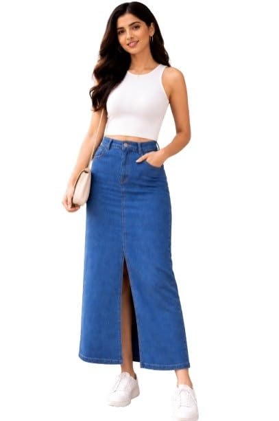 Plus Size Blue Denim Maxi Skirt for Women | Plus Size Front Centre Slit Long Denim Skirt | High Waist Plus Size Maxi Skirt-image-19