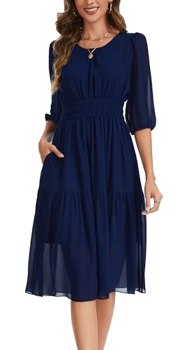 Image of Kormei Women Casual Boho Floral Round Neck 3 /4 Sleeve Smocked Waist Tiered A Line Flowy Swing Midi Dress Long Dresses