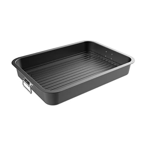 Roasting Pan with Flat Rack-Nonstick Oven Roaster and Removable Tray-Drain Fat and Grease for Healthier Cooking-Kitchen Cookware by Classic Cuisine, Black, 16.5 inch Cover