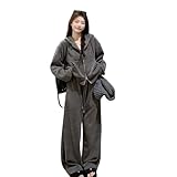 [YJSO] レディース ジャージ スウェットパンツ セットアップ パーカー フード付き 長袖 上下セット 部屋着 ルームウェア スポーツ スウェット M リラックス 春秋 ロングパンツ ゆったり ダークグレー 体型カバー カジュアル おしゃれ 通勤 通学