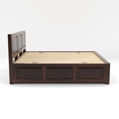 Image of Sheesham Wood King Size Bed with Storage Box | Wooden Box Bed King Size Double Cot Bed with Storage for Bedroom | Premium 3 Dalla Design Headboard Bed for Hotel, Home | Walnut Finish