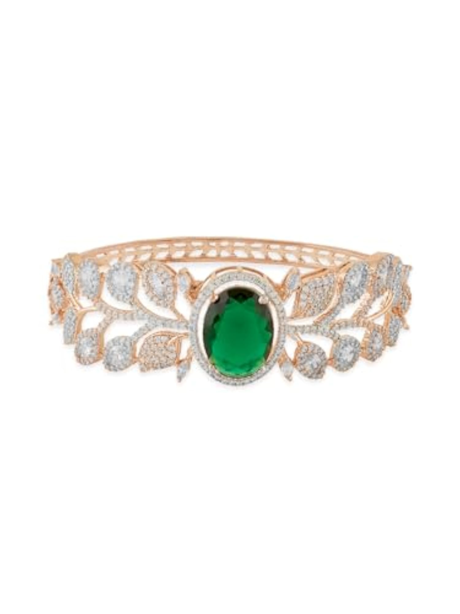 Women's Two Tone Brass Kada Bracelet with Green Stone