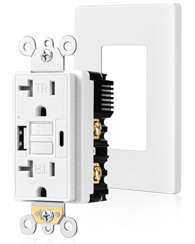 SURAIELEC 20 Amp GFCI Outlet with USB-C & USB-A Ports, Self-Test GFCI Electrical Outlet Combination with USB, Tamper-Resistant GFCI Outlet, Screwless Wall Plate Included, ETL Listed, White,1-Pack