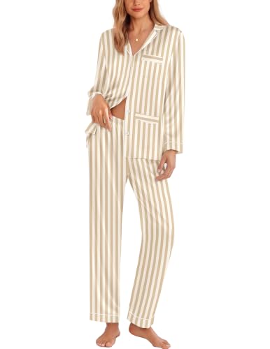 Image of Ekouaer Pajamas for Women Silk Satin Button Down Long Sleeve Pajama Sets | Soft and Lightweight,One Chest Pocket,Two Front Pockets,Daily Wear, for Casual,Sleep,Party Gift