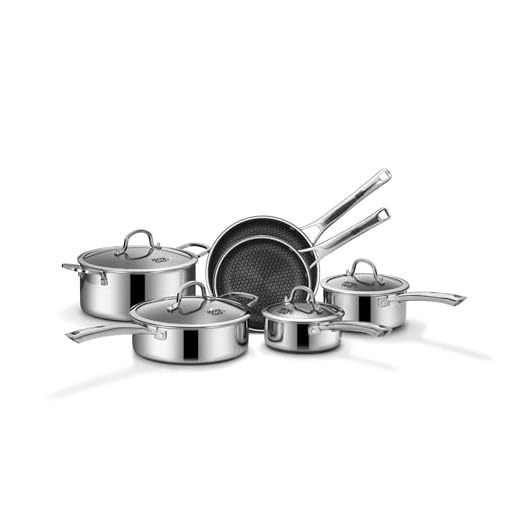 SNOWCLAD Pots and Pans Set Non Stick, 10 Pcs Hybrid Stainless Steel Cookware Sets, Non Stick Frying Pans, Saucepans, Saute Pan & Stock Pot, PFOA Free Kitchen Skillet,Induction Compatible