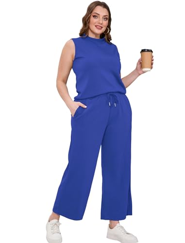 Image of SAMPEEL Two Piece Sets for Women Summer Outfits Lounge Sets Mock Neck Tops Wide Leg Crop Pants Vacation Travel Outfits