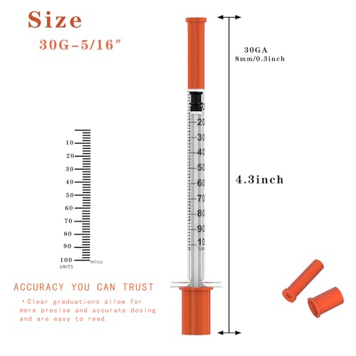 U-100 Disposable Syringes with Needle – 1ml/cc, 30G 5/16\" (8mm), Individually Wrapped,30Pack| Lab Supplies