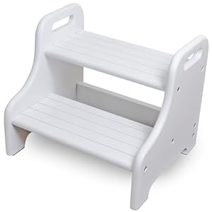 Wooden Step Stool for Kid Toddler, Potty Training for Children with 2 Built-in Handle 300lbs Load Capacity, Acacia Foot Stool Helps Your Kid Independently for Brushing, Grabbing Things (White)