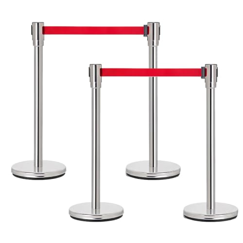 4-Pack Stanchions, Crowd Control Safety Barrier, Silver with Red Belt
