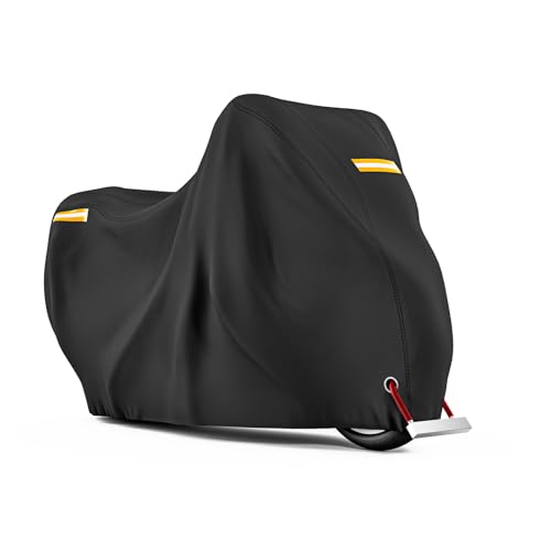 210D Motorcycle Cover All Season Waterproof Breathable Sun Outdoor Protection Three Reflective Tape with Lock-Holes & Storage Bag Bike Scooter Cover Universal (Black, 104''*41''*50'')