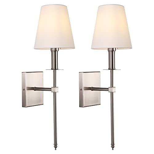 Wall Sconces Set Of 2 Brushed Nickel Wall Lamps Modern Sconces Wall Lighting With White Fabric Shade Bathroom Vanity Sconces Hardwired For Bedroom Living Room Hallway Corridor #TOP14