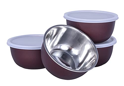 Image of Zaib Microwave Safe Stainless Steel Plastic Coated Euro Bowl Set of 4 for Re-Heating, Serving Snacks, Curries etc. 500 ML Each (Dark Brown)