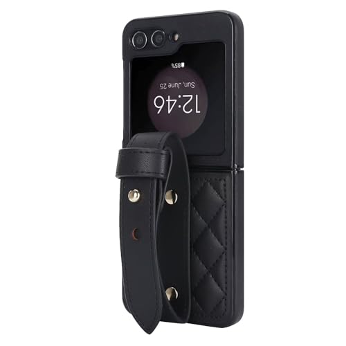 Étui cuir PU Samsung Z Flip 5 noir avec bracelet, idée cadeau femme