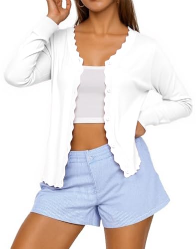 Ezbelle White Sweaters Summer V Neck Shirt for Women's Cardigan Sweater Open Front Long Sleeve Ruffle Tops Knit Button Vacation White S