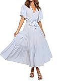 R.Vivimos Summer Dress for Women Cotton Ruffle Short Sleeves V Neck Casual Flowy Midi Dress with Belt (Large, SkyBlue-Shortsleeve)