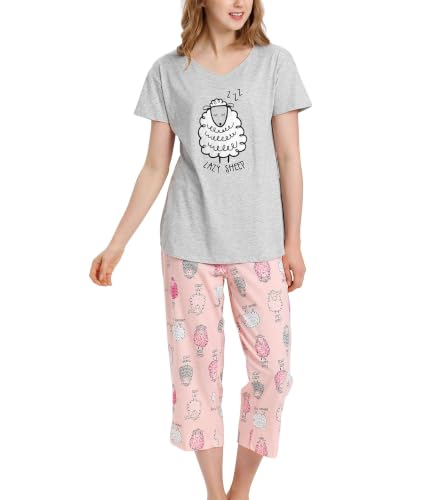 Image of ENJOYNIGHT Womens Pajama Sets Cotton Pj Set Short Sleeve Top With Capri Pants Sleepwear 2 Piece Lounge Set