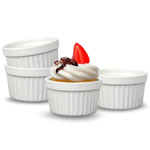 UNIQUE HOME LIVING Ramekins Set of 4 5oz Ceramic Souffle Dishes for Creme Brulee Muffin Pudding Small Baking Dishes for Air Fryer & Oven Mini Bowl for Dips Sauces Snacks and Fruits - White