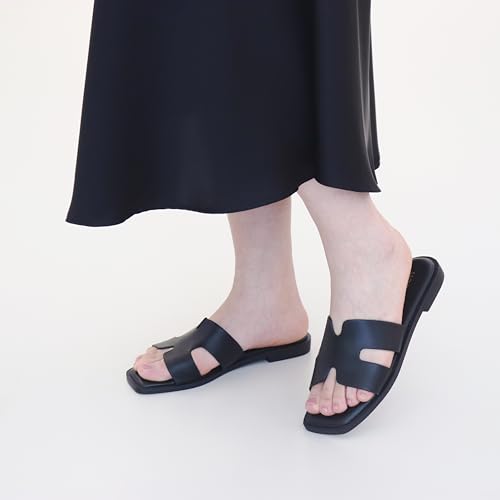 Image of Womens Slip On Flat Sandals Soft Leather Open Toe Slide for Summer Dressy