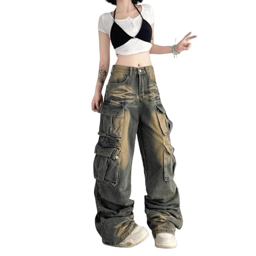 Workwear Denim Men's and Women's Retro Wasteland Color Multi Pocket Loose Hip-hop Wide Leg Hanging Pants