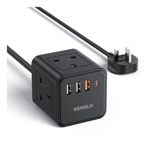 PD20W Cube Extension Lead with 4 USB Slots, Kemelo 4 Way (13A/3250W) Multi Plug Extension Cable with Child Safety UK Desktop Power Extension Socket,1.5M Extension Cords for Home Dorm Office Travel