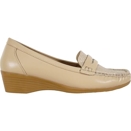 Image of KOZI Women Comfort Casual Wedge Shoe Slip-On Loafer ML Collection Round Toe Penny Loafer Removable Insole Black Champagne
