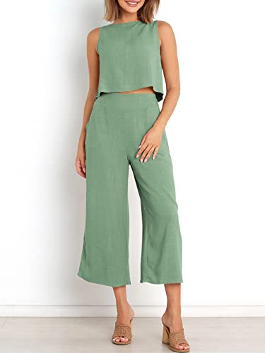 Image of ANRABESS Women's Summer 2 Piece Outfits Sleeveless Tank Crop Button Back Top Cropped Wide Leg Pants Set Pockets
