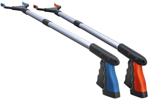 Image of FitPlus 2025 Upgrade PowerGrip T9, Grabber Reacher Tool, Wide Jaw, Foldable, Steel Cable, with 96 Grip Points for Firm Grip, 32 inch with Magnet (Blue Orange, 32 Inch (Pack of 1))