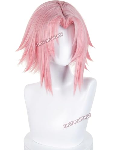 Image of Half and Half Short Pink Anime Cosplay Wig Light Pink Fluffy Spiky Layered Wigs with Widow's Peak for Women Halloween Party Daily