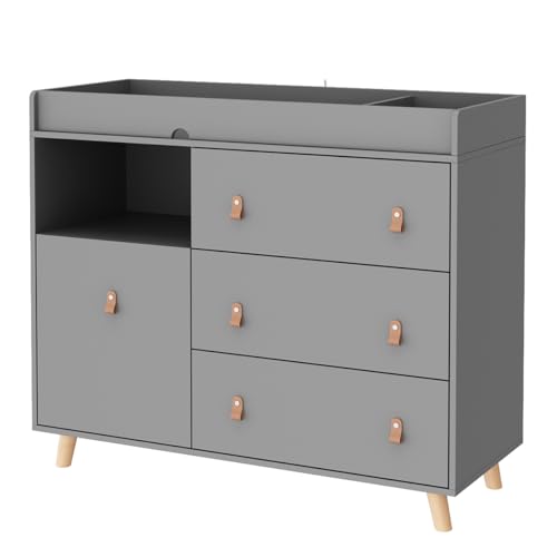 Timechee Baby Dresser Changing Table with Drawers,Shelf,Hidden Laundry Basket Storage,2 in 1 Nursery Dresser Chest for Infants, Baby Diaper Changing Station for Daycare,Bedroom,Grey