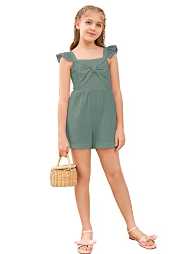 Gamisote Girls' Sleeveless Jumpsuit Ruffle Wide Leg Shorts Smocked One Piece Rompers Green #TOP17