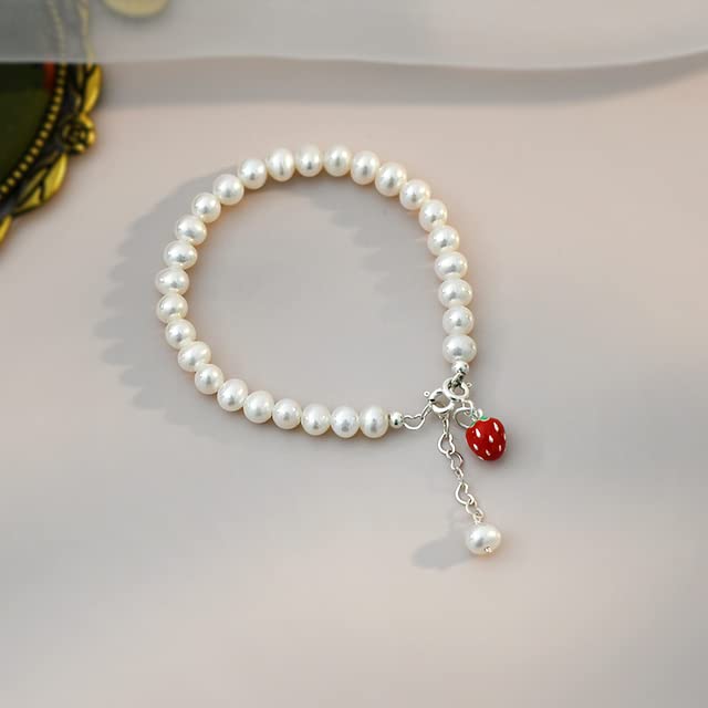 Pulsera con Colgante De Fresa Y Perlas Naturales De Agua Dulce, Joyería De Plata De Ley 925, Regalo para Mujer